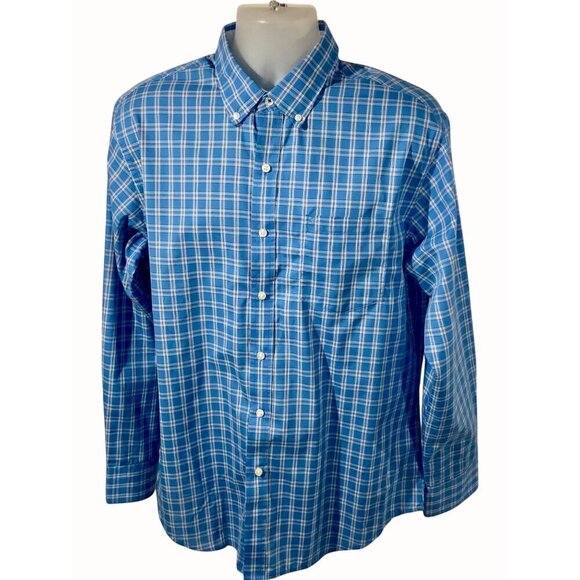 Izod Mens Blue Plaid Button Down Long Sleeve Shirt Contrasting Cuff Trim Large - Picture 1 of 7